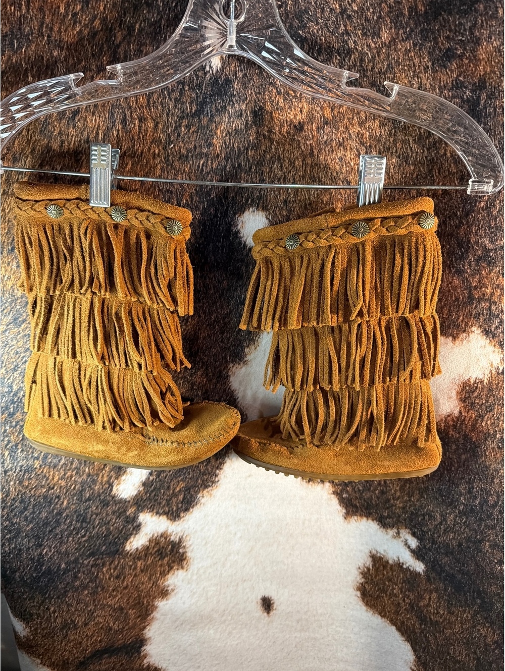 Minnetonka Brown Suede Fringe Moccasin Boots Size 7 Toddler